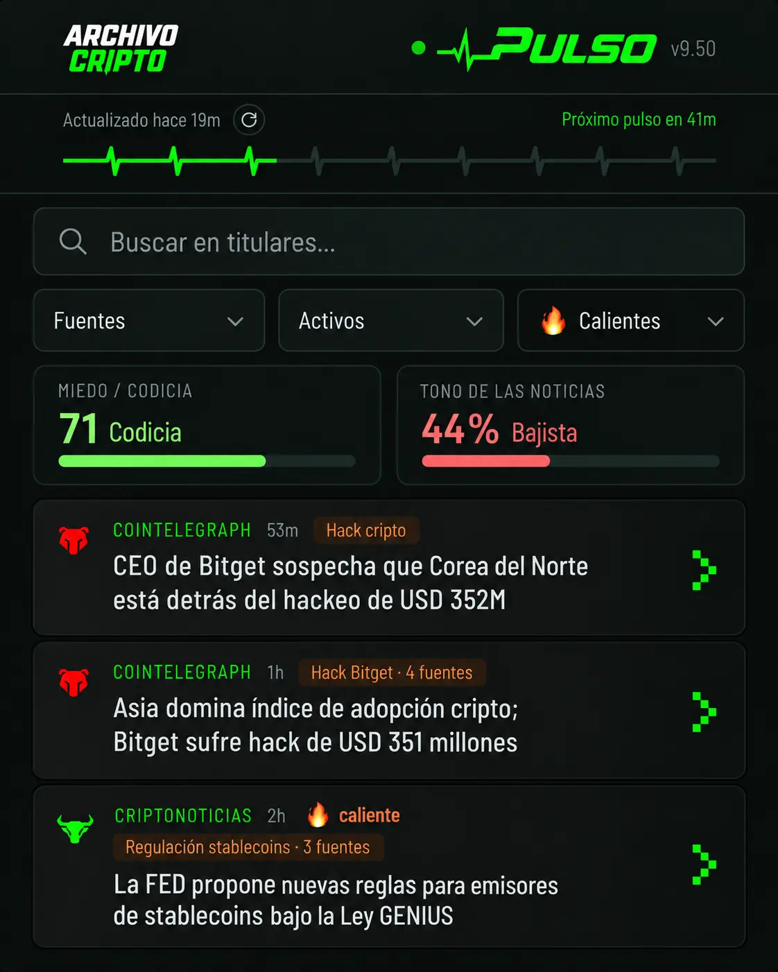 PULSO: noticias curadas, filtros de fuentes y sentimiento del mercado